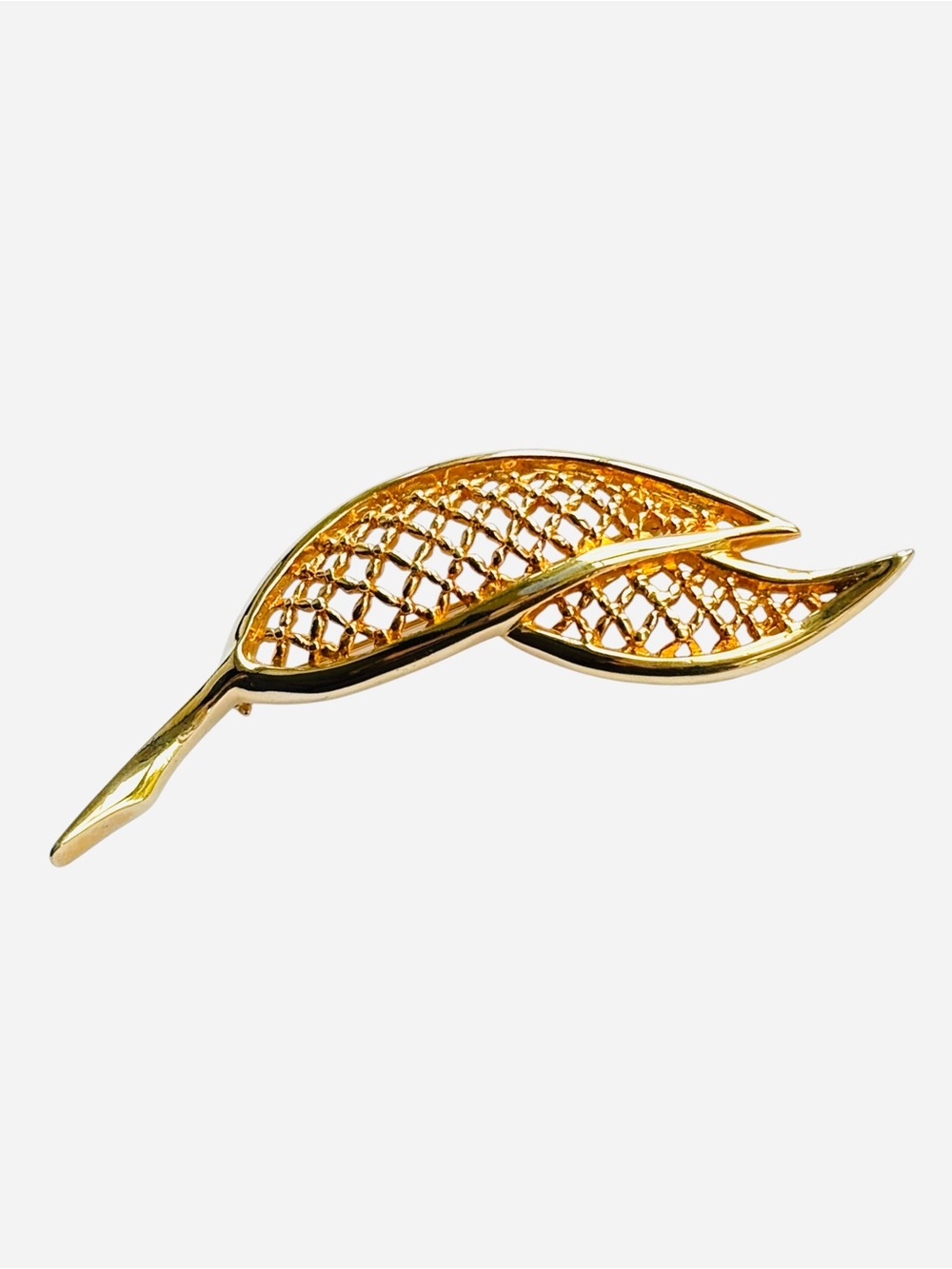 Vintage Keyes Signed Gold Tone Openwork Mesh Dual Leaf Lattice Brooch Pin 3.75”
